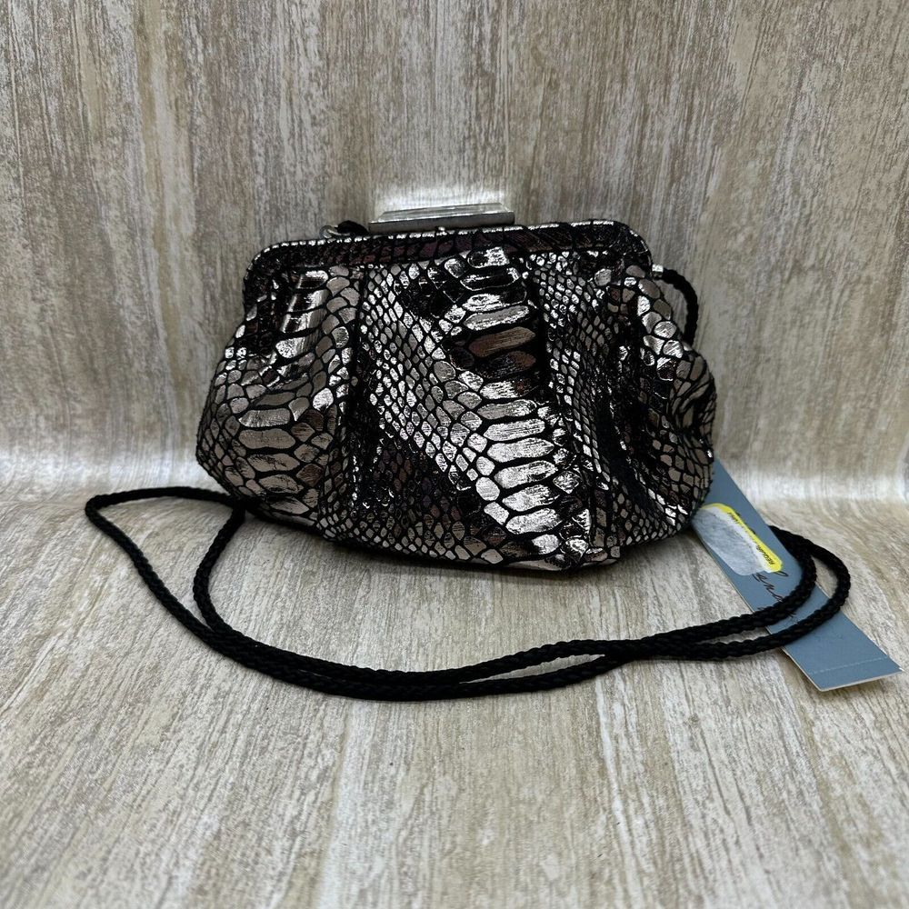 Kate Landry Evening Bag‎ Clutch Purse Black Silver Metallic Snake Reptile Print